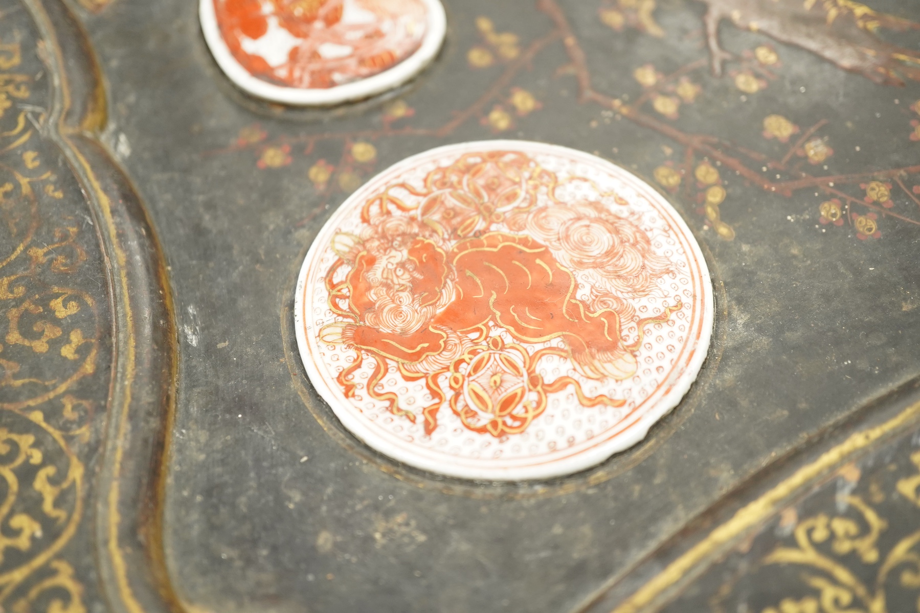 A 19th century Chinese export lacquer box containing assorted mother-of-pearl gaming counters and a 19th century Japanese lacquer box, largest 42.5cm wide. Condition - fair